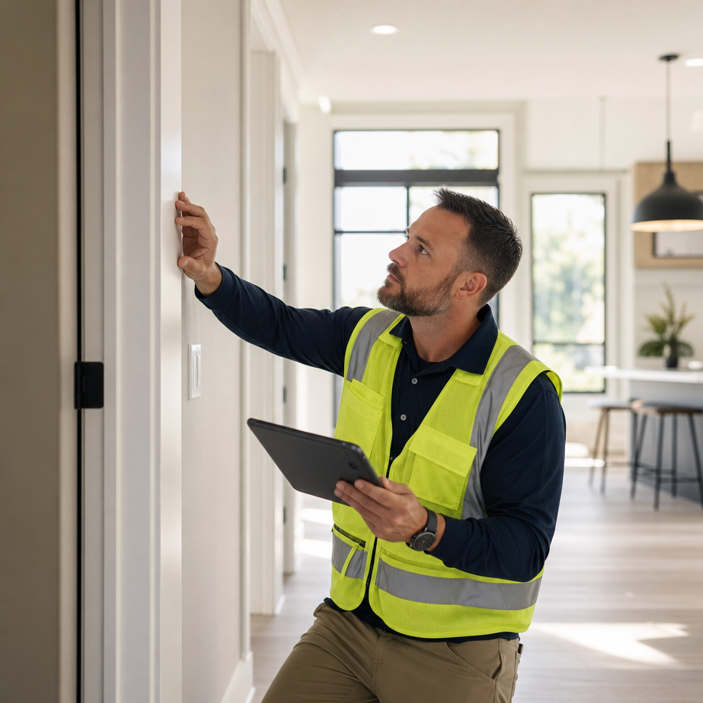 Professional home inspector examining interior walls and documentation in a modern new home