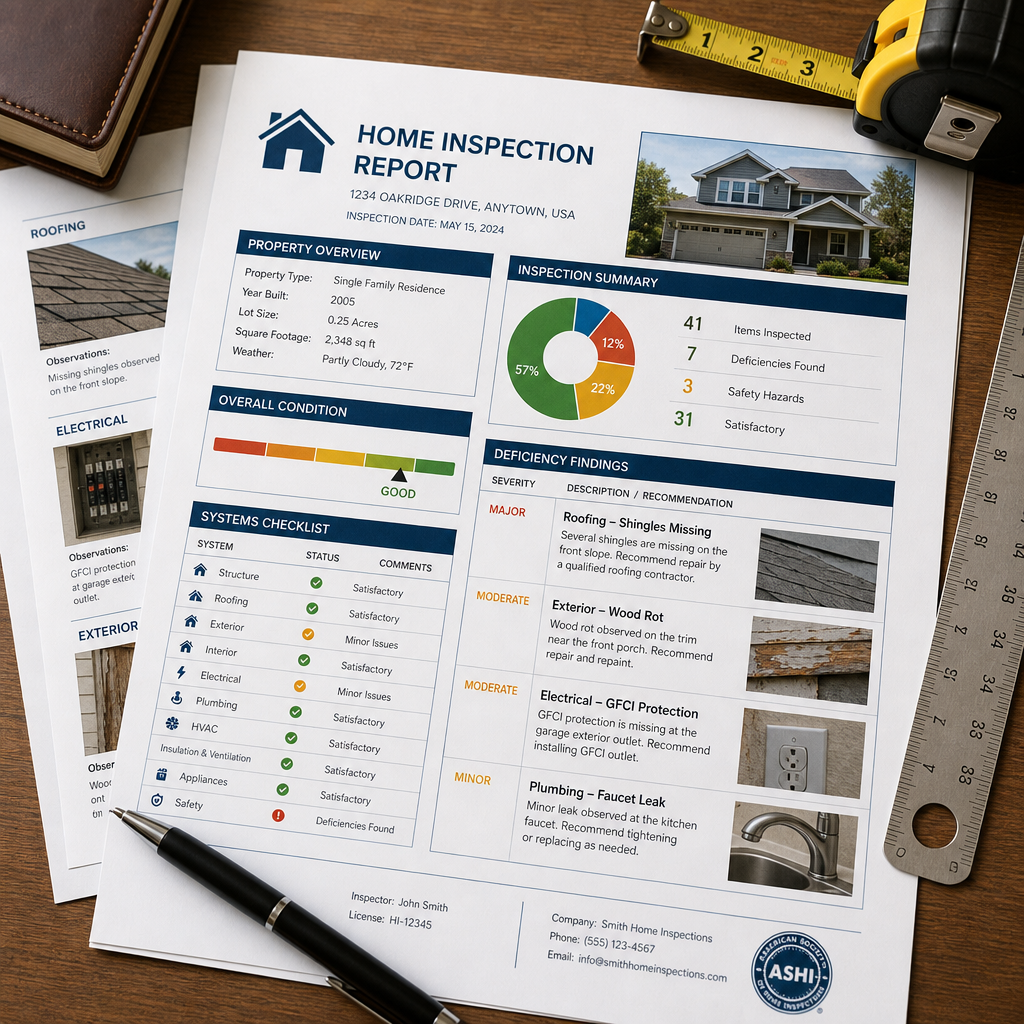 Detailed home inspection report with findings and documentation on a desk