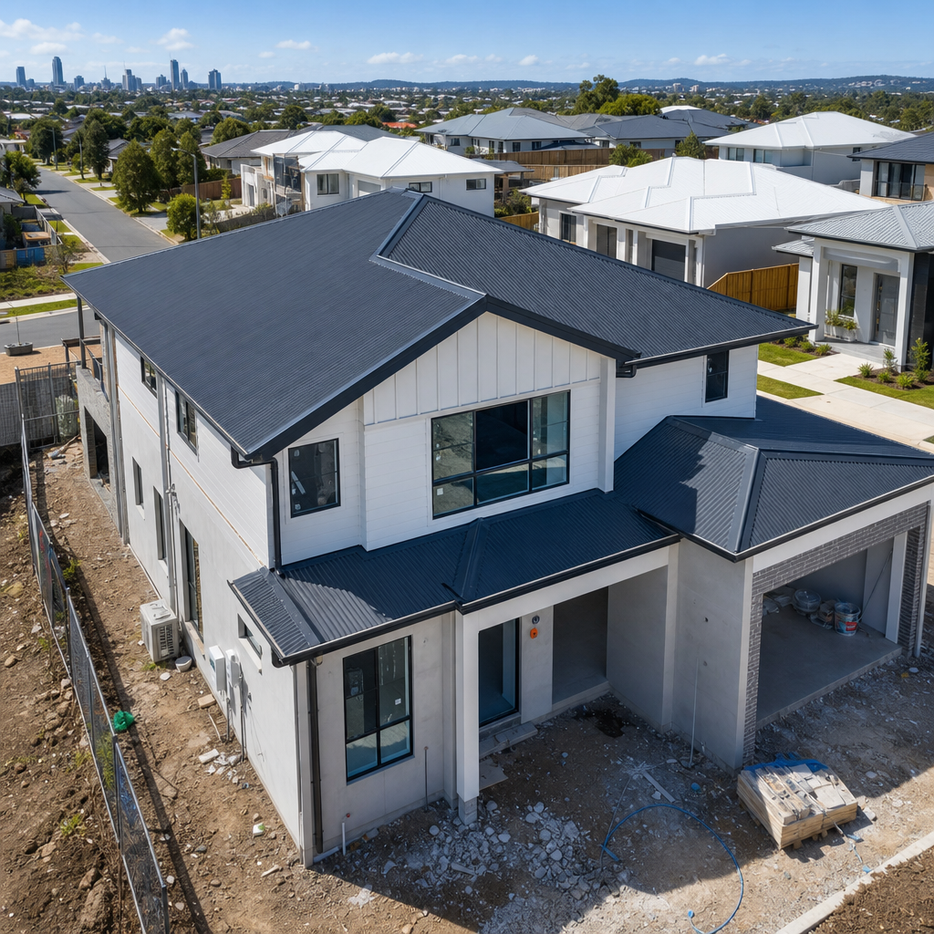 New suburban home exterior showing roofing and construction details from above