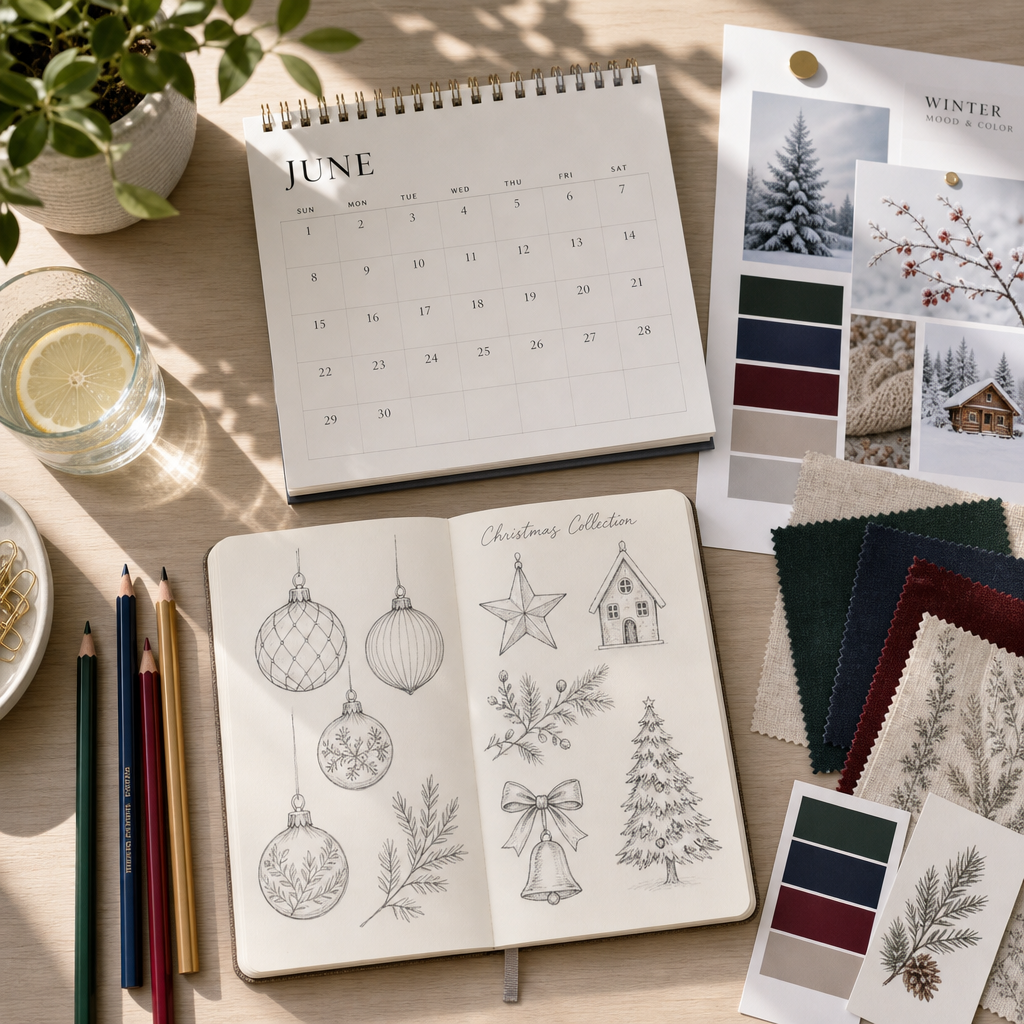 Schreibtisch mit Kalender, Designskizzen und Farbmusterbrett zur Weihnachtsplanung im Sommer