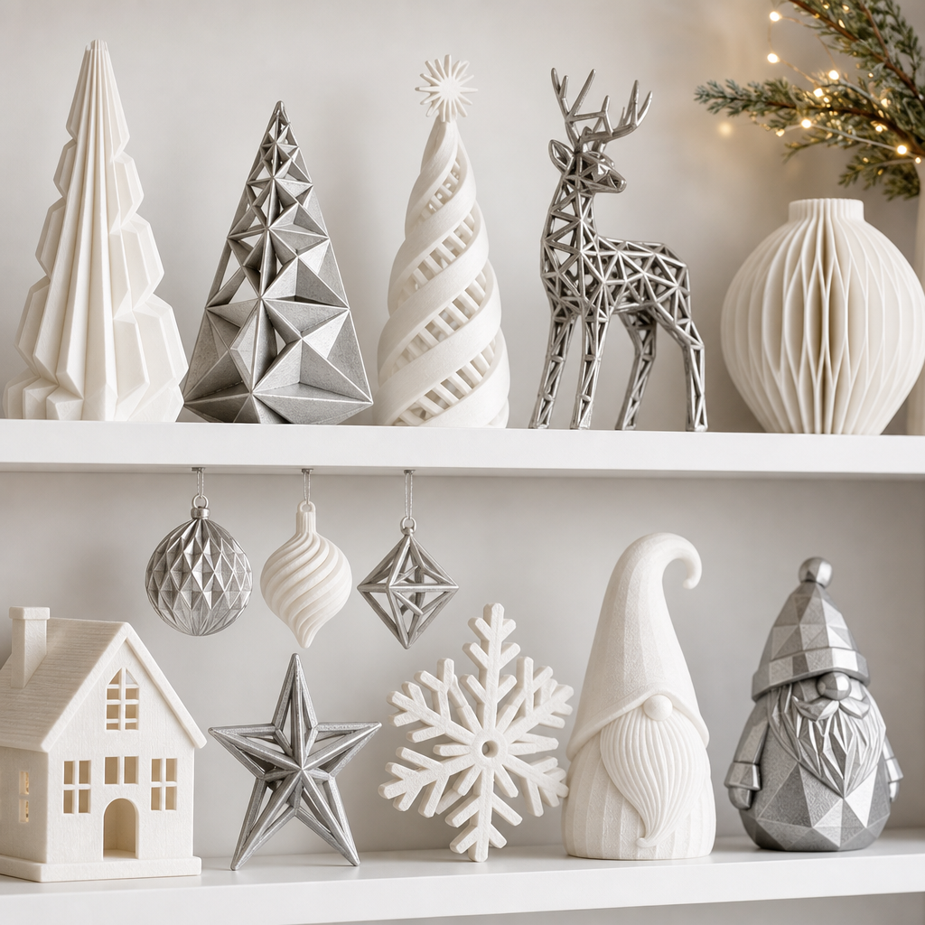 Minimalistische Anordnung von 3D-gedruckten Weihnachtsdekorationen mit geometrischen Formen auf weißem Regal