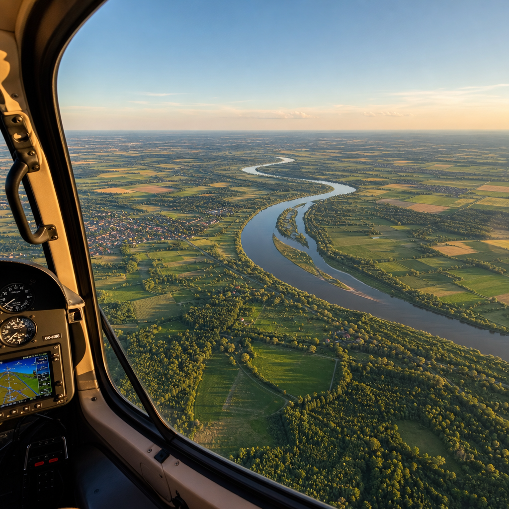 Widok z helikoptera na polskie krajobrazy w letniej pogodzie z doskonałą widocznością
