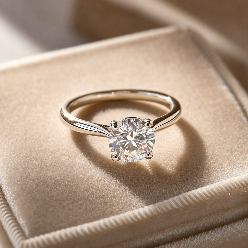 Moissanite engagement ring displaying sparkle on velvet surface
