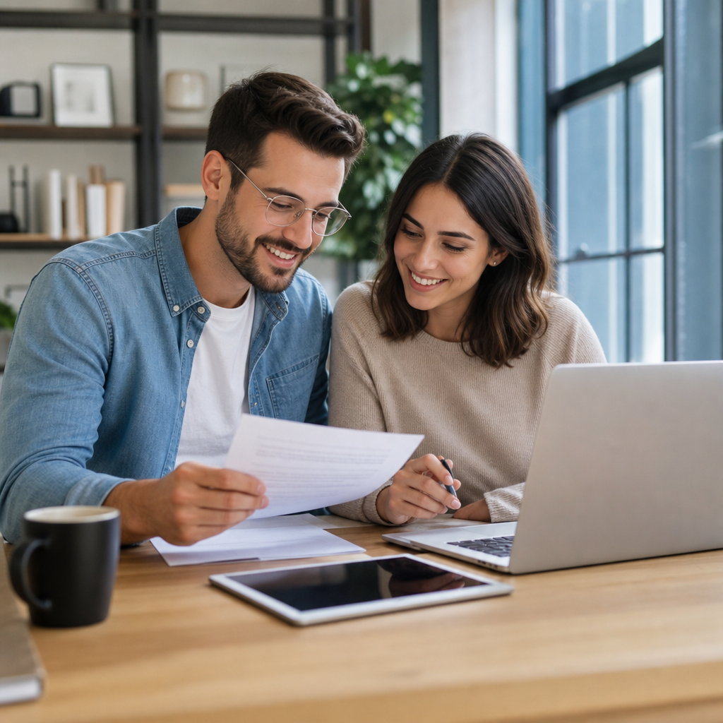 Couple reviewing jewelry financing documents at home office desk