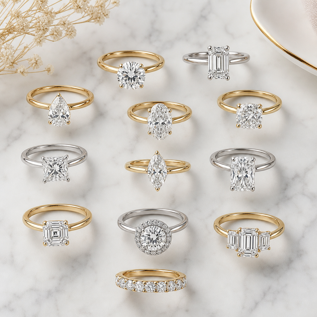 Assortment of lab-created diamond and moissanite rings in different styles