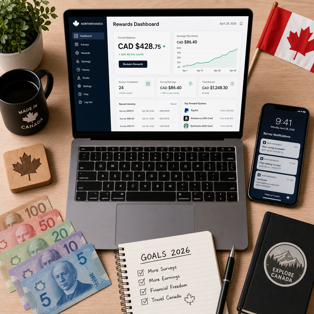 Canadian workspace showing laptop with rewards dashboard, CAD currency, and smartphone displaying survey notifications