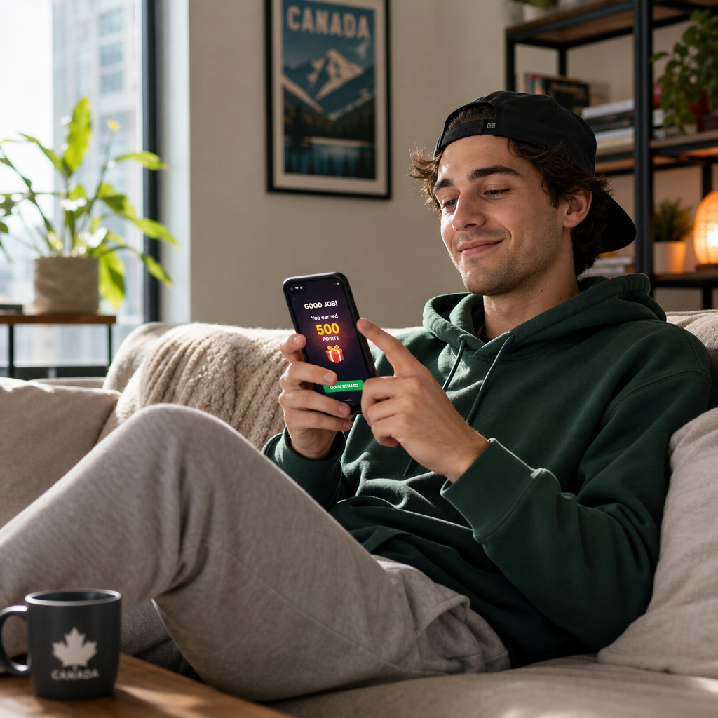 Person on couch playing mobile rewards game on smartphone in modern living room