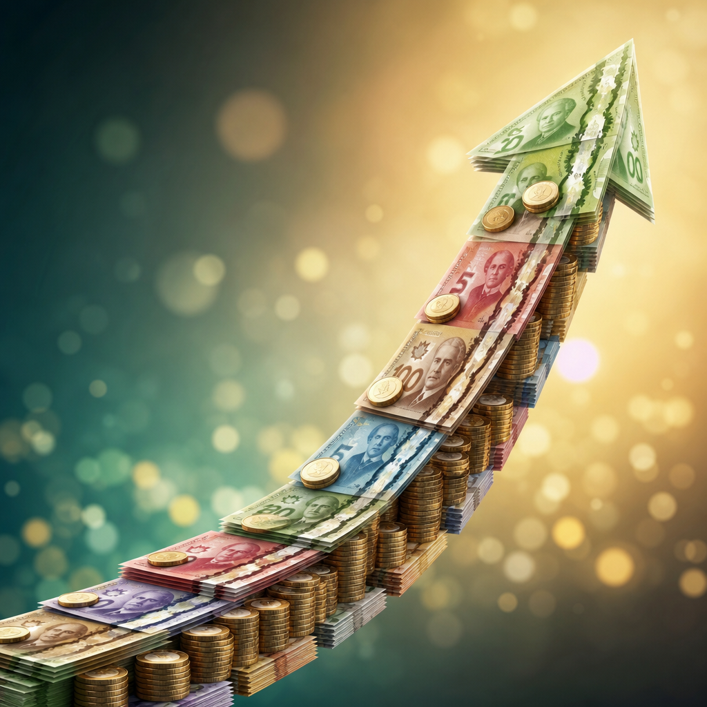 Abstract upward trending arrow made from Canadian currency bills and coins symbolizing earnings growth