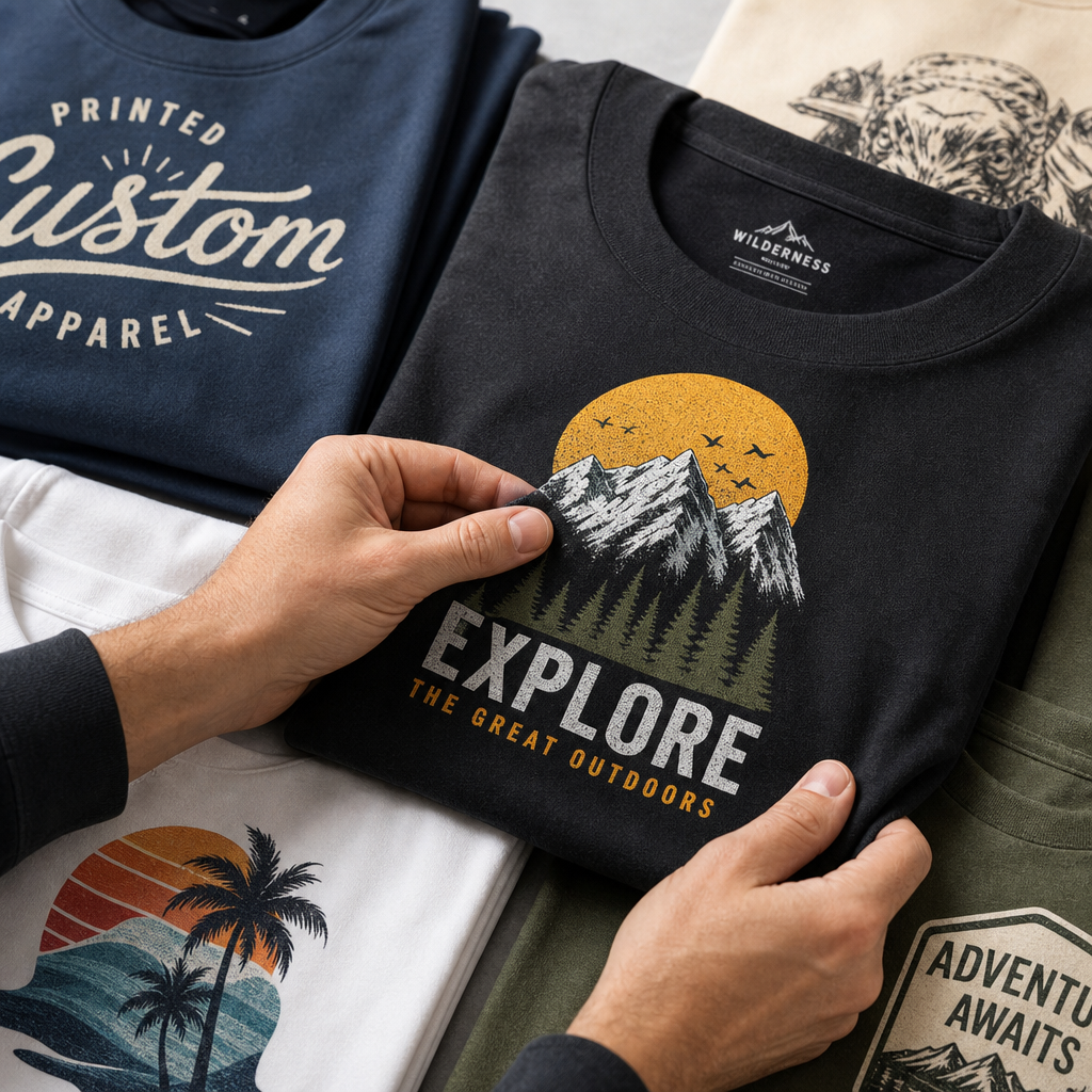 Hands inspecting quality of custom printed t-shirts