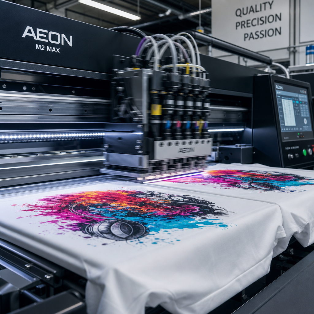 Custom printing machinery transferring design onto fabric