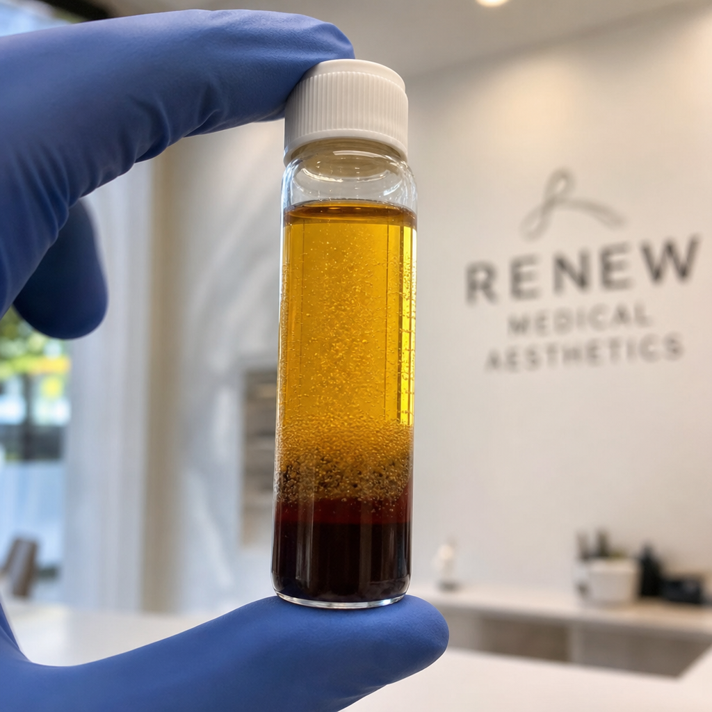 Golden platelet-rich plasma in a medical vial held to light