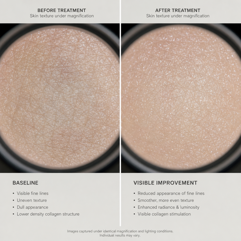 Before and after skin texture comparison showing collagen improvement