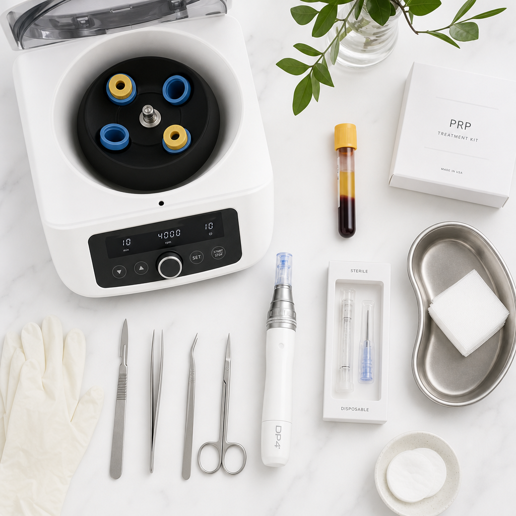 Medical aesthetic treatment tools and equipment arranged for a medispa procedure