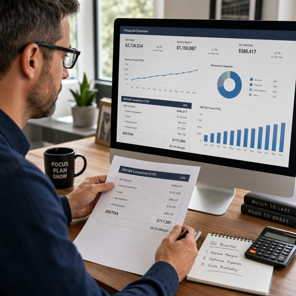 Business owner analyzing EBITDA metrics on computer screen with financial data