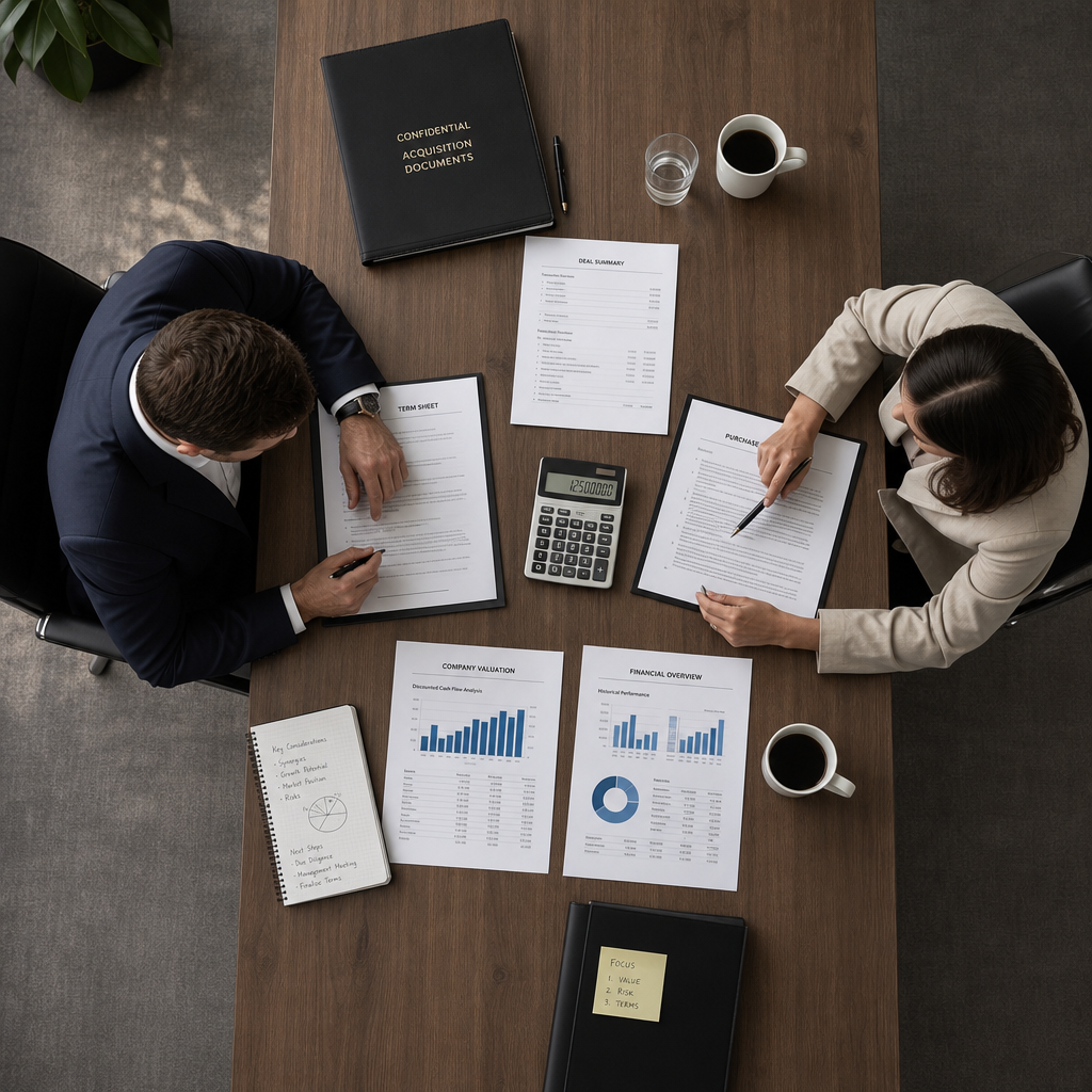 M&A deal negotiation with business valuation documents on conference table