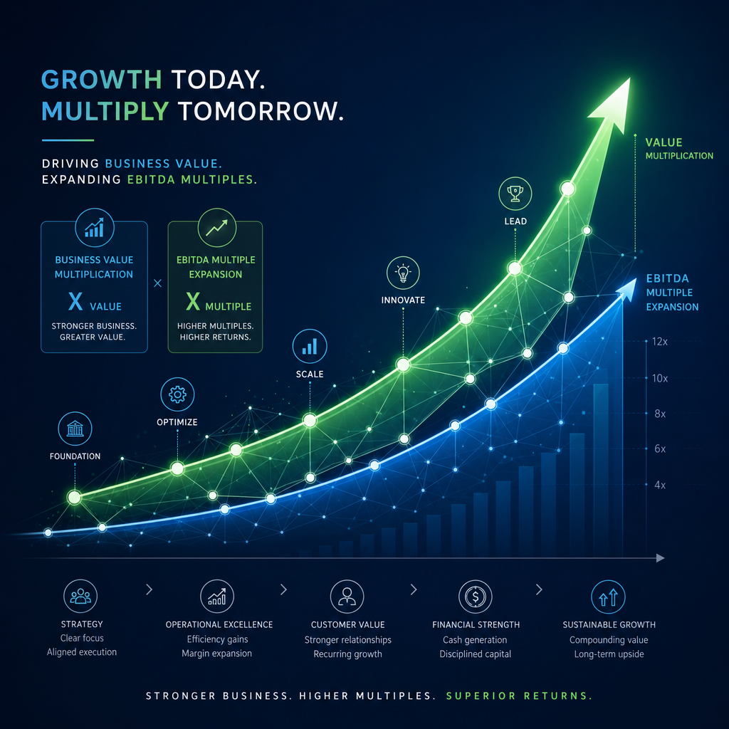 Abstract visualization of business value growth and EBITDA multiple expansion