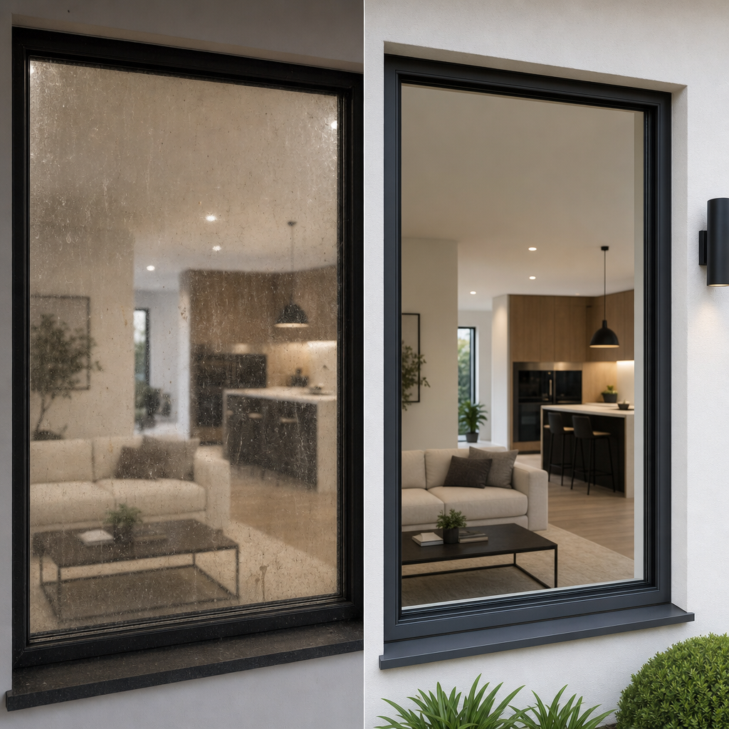 Comparison of dirty interior window view versus clean exterior window appearance