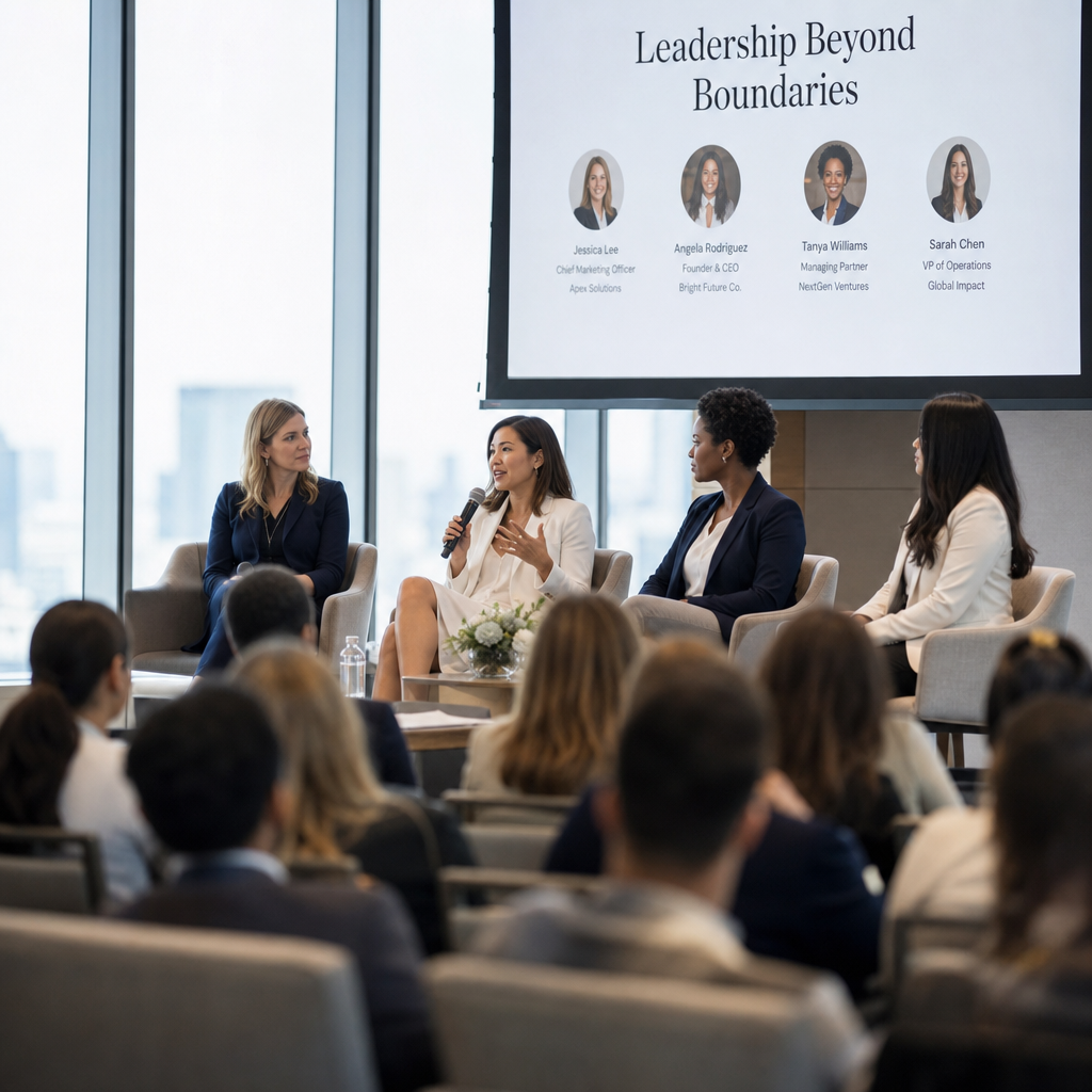 Professional panelists and audience members engaged in discussion at a corporate conference