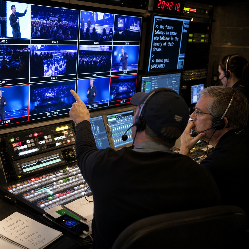Video production control room with monitors displaying multiple camera feeds during live event broadcasting