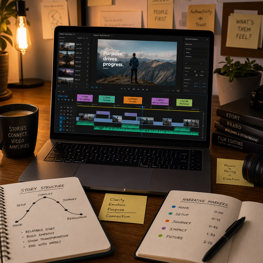 Video editing workspace showing timeline with narrative planning notes and story structure documentation