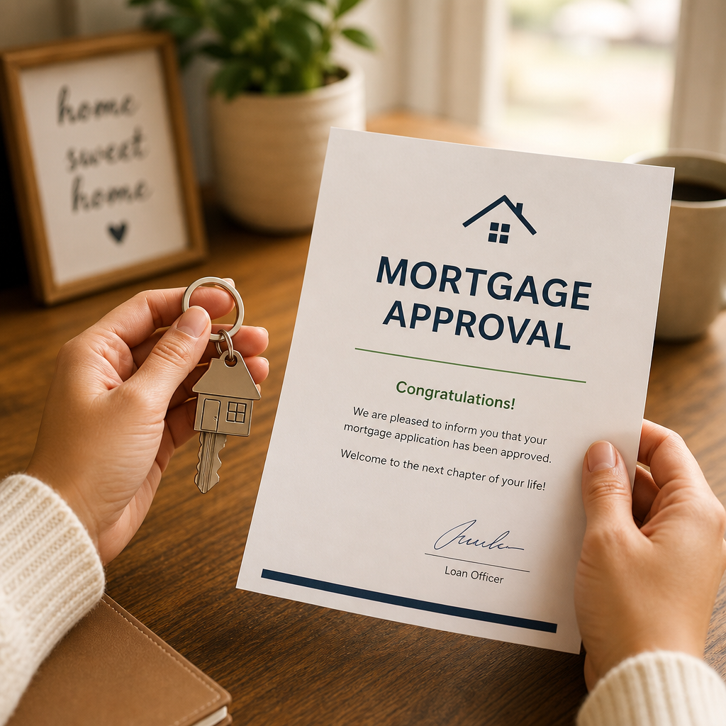Hands holding house key and mortgage approval papers