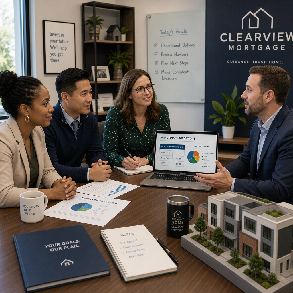 Teachers consulting with mortgage broker in professional office