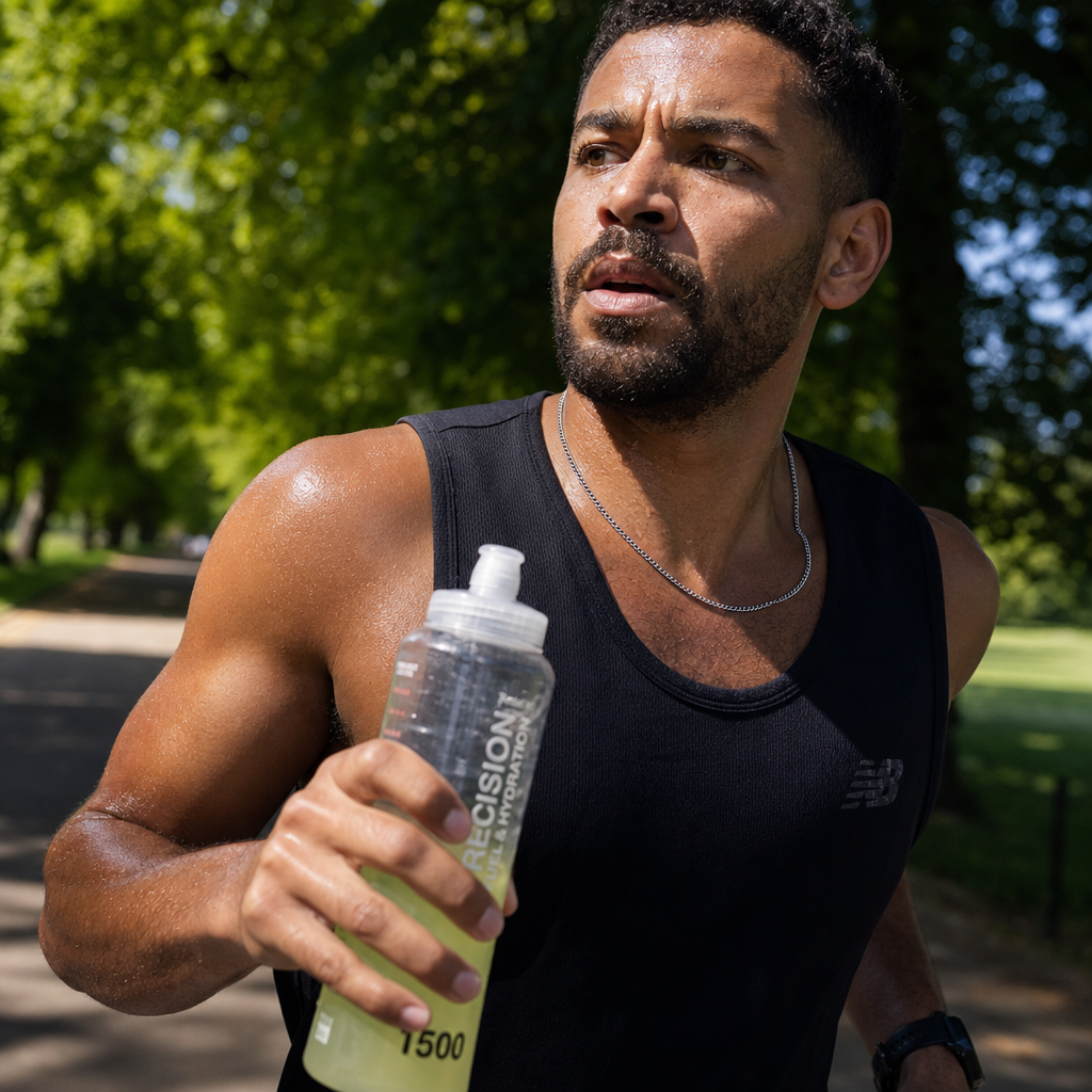 Runner holding electrolyte sports drink while training in summer heat
