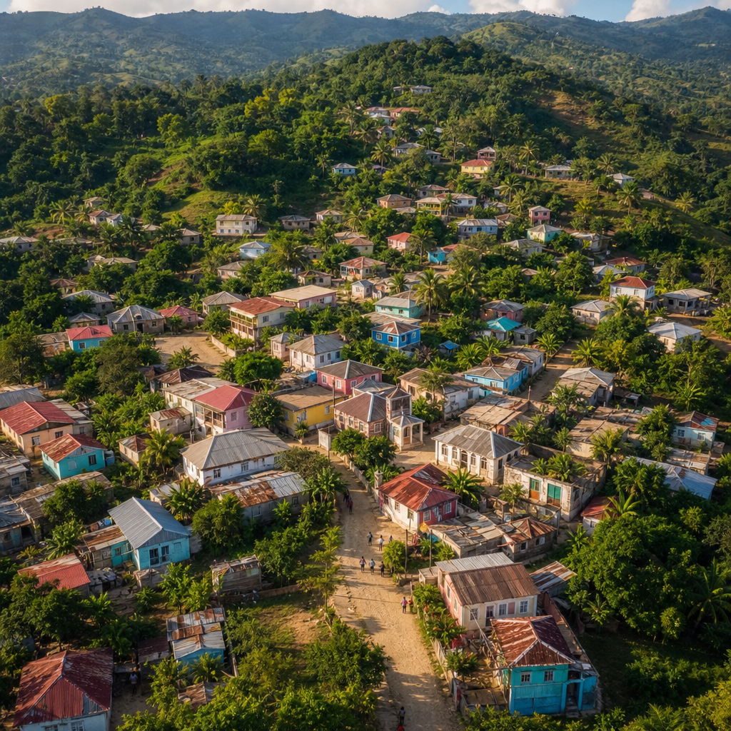 Aerial view of a rural Haitian community with colorful homes and green hills