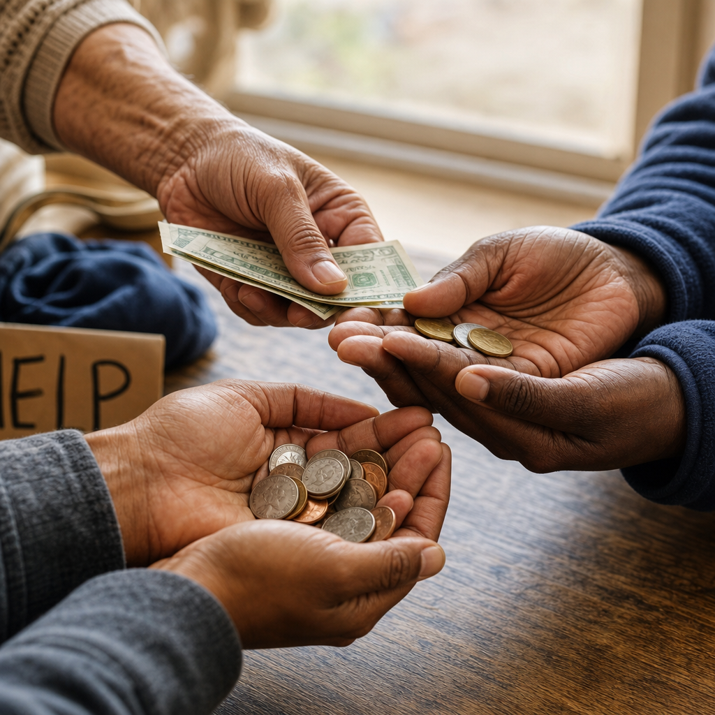 Close-up of hands exchanging money, symbolizing direct community support and giving