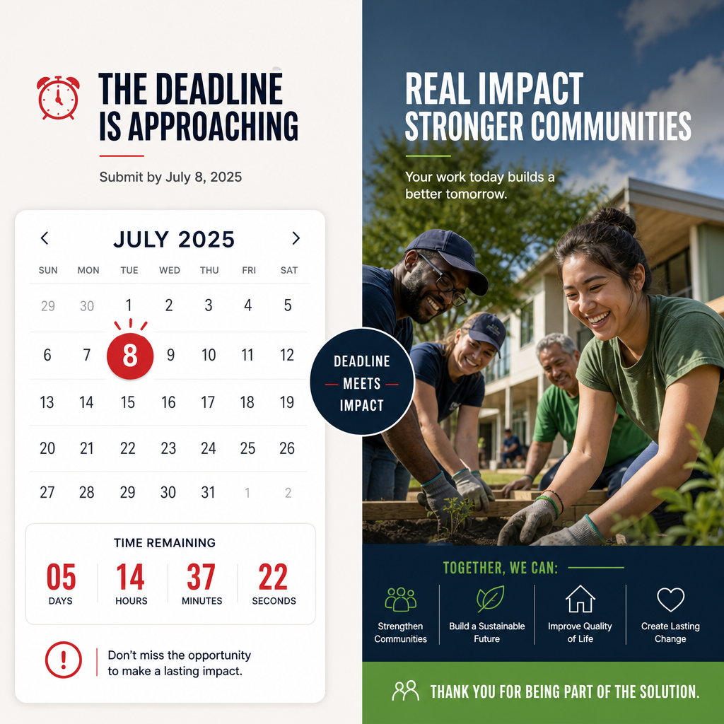 Calendar deadline July 8 paired with images of active community members and development work