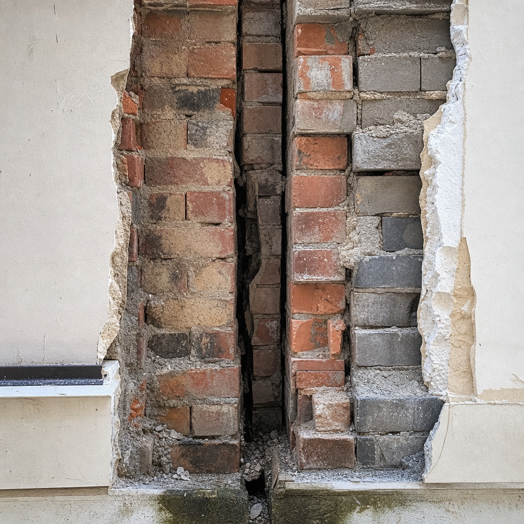 Party wall structural defects showing cracks and moisture damage between duplex units