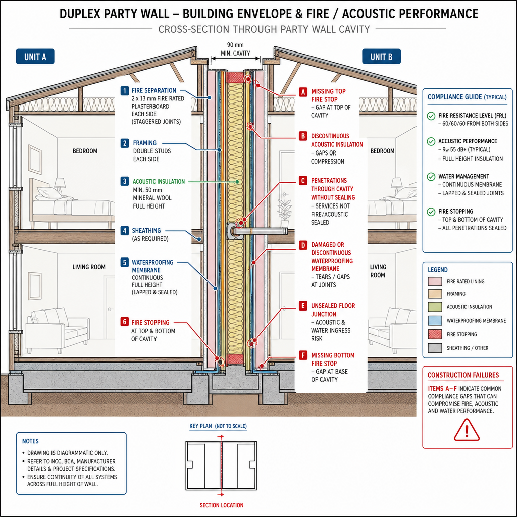 Technical cross-section of duplex party wall construction layers and fire separation requirements
