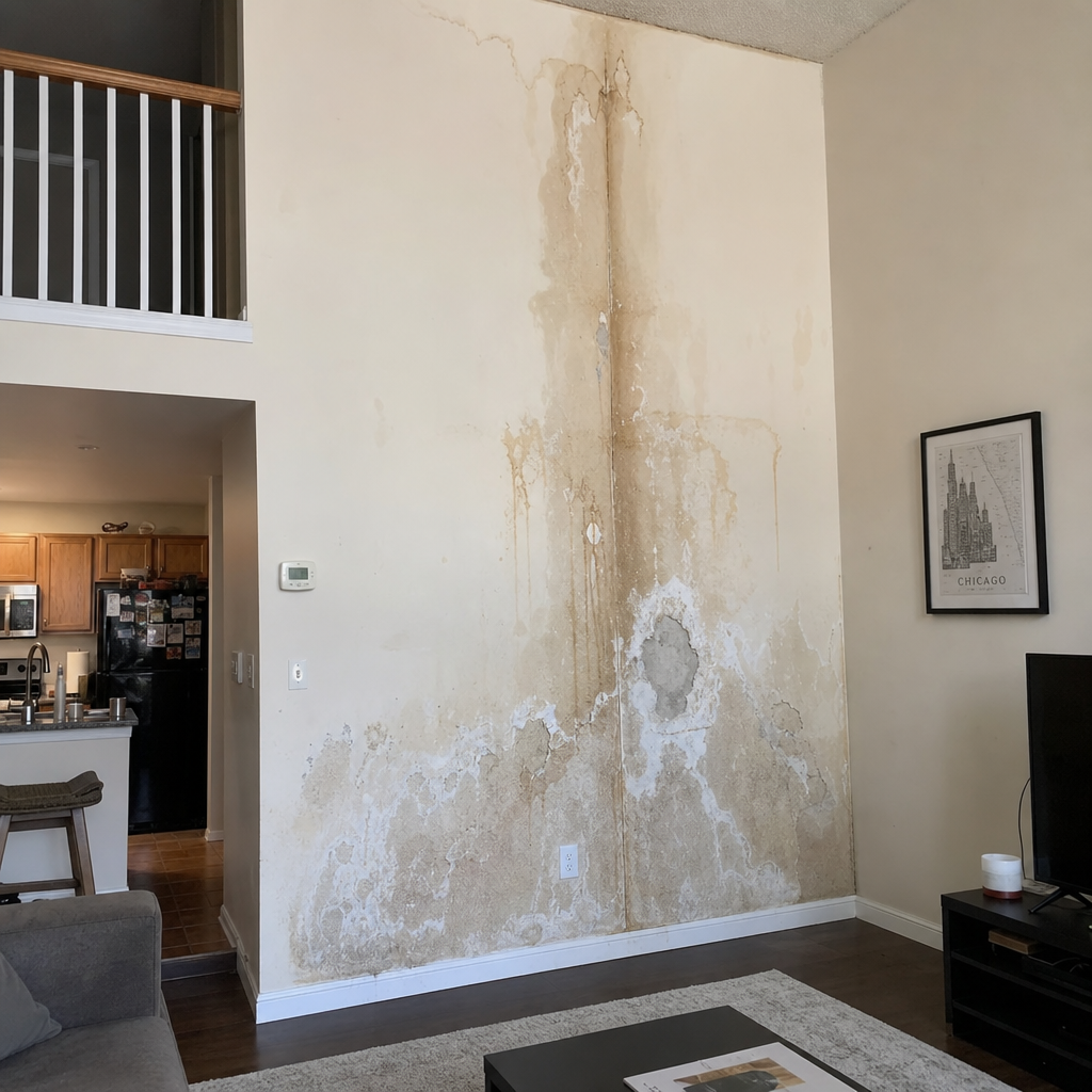 Water damage and moisture penetration visible on interior duplex wall surface