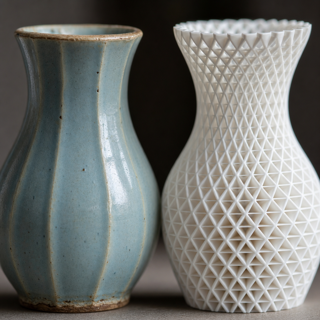 Detailvergleich: links Massenware-Vase mit unscharfen Kanten, rechts 3D-gedruckte Vase mit präzisen Strukturen