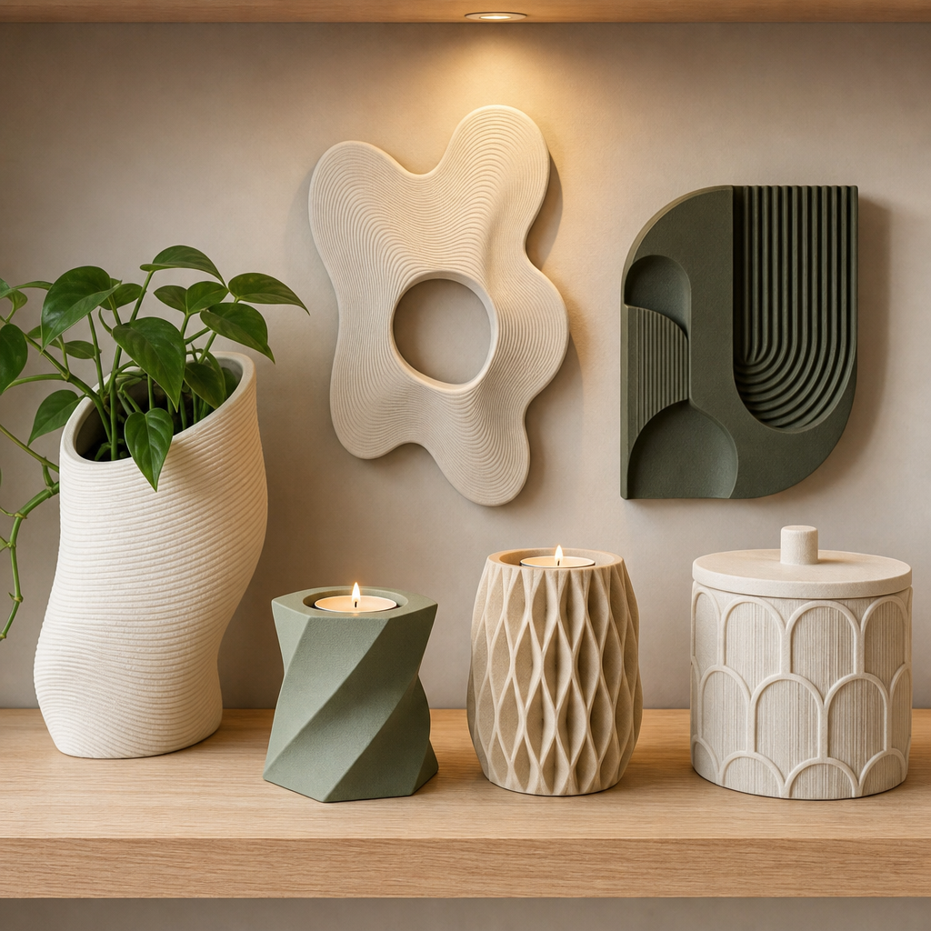 Stillleben: Designerregale mit individuellen 3D-gedruckten Dekorationsobjekten in geometrischen Formen