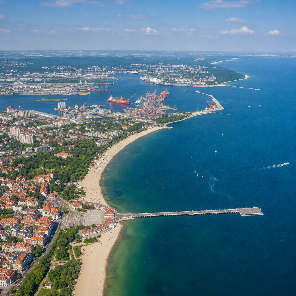 Panoramiczny widok z helikoptera na całe Trójmiasto z portem w Gdyni i molem w Sopocie