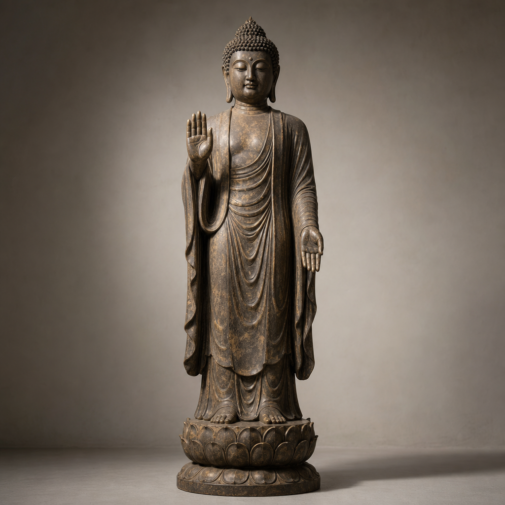 Statua del Buddha in piedi con il gesto della mano alzata in posizione protettiva