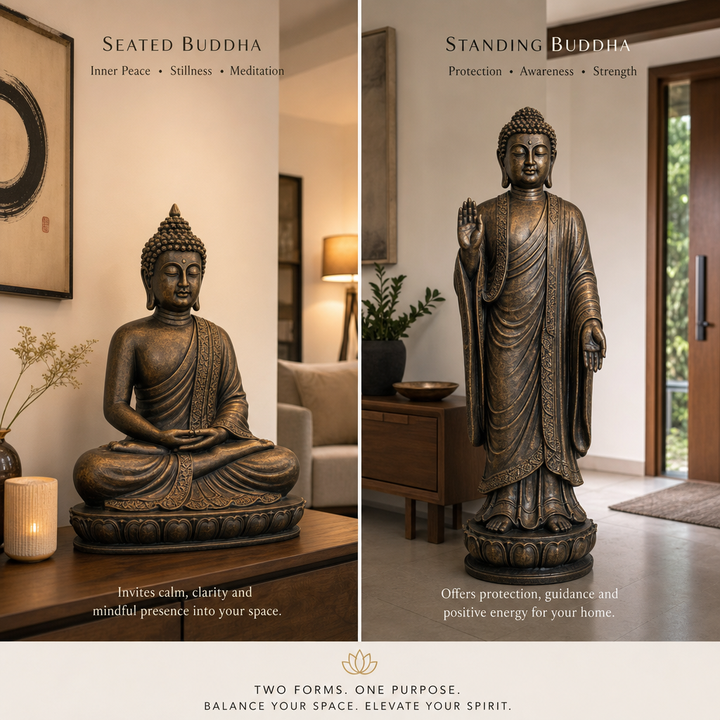 Confronto fianco a fianco delle statue di Buddha seduto e in piedi in un ambiente interno