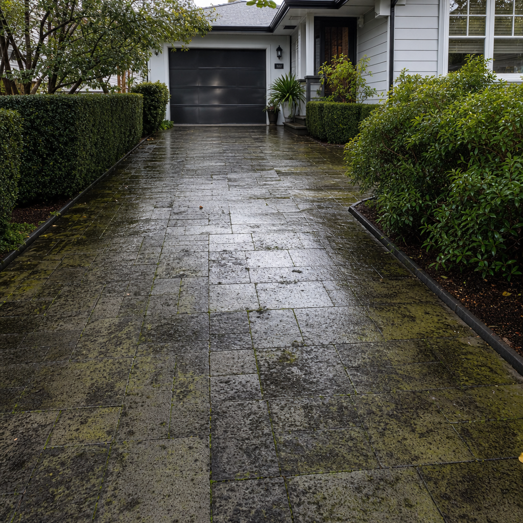Mouldy and algae-covered residential driveway showing winter surface deterioration