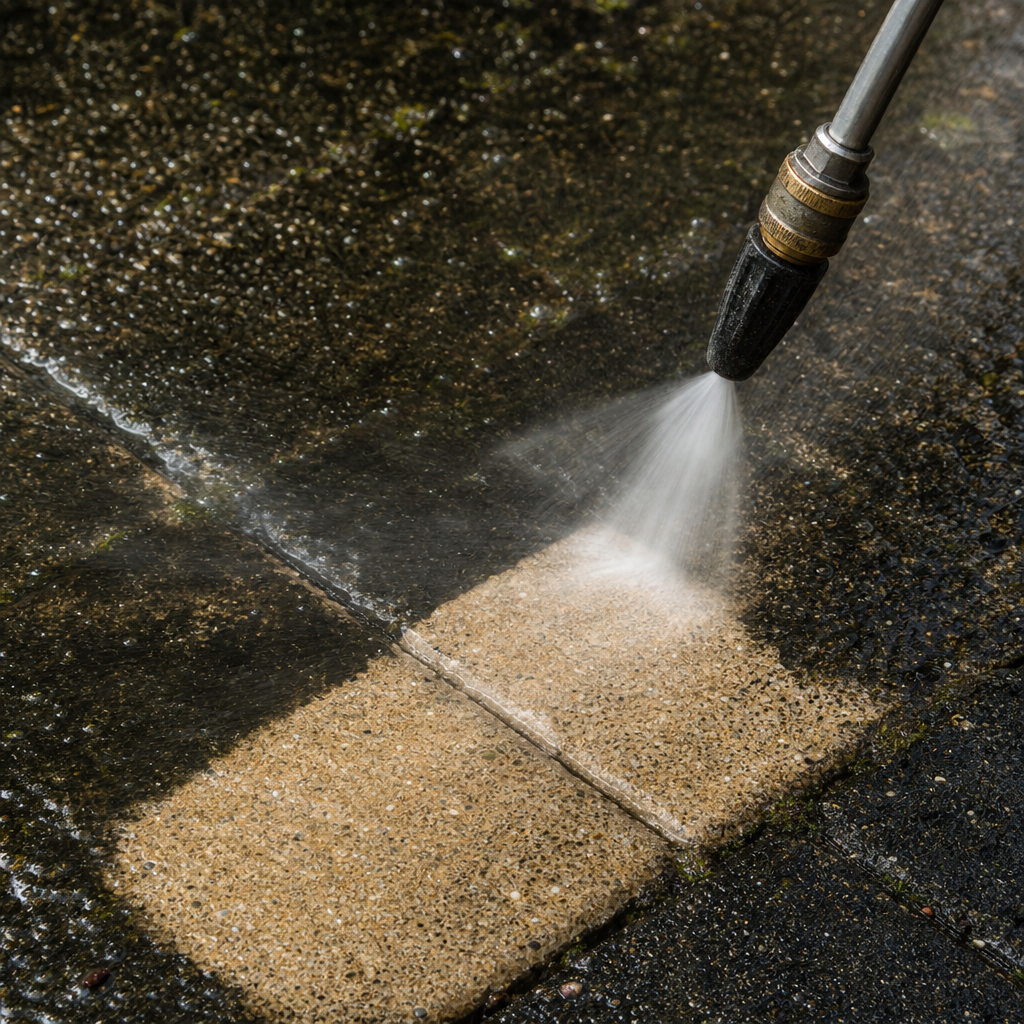 High-pressure water jet actively removing mould and grime from outdoor paver surface