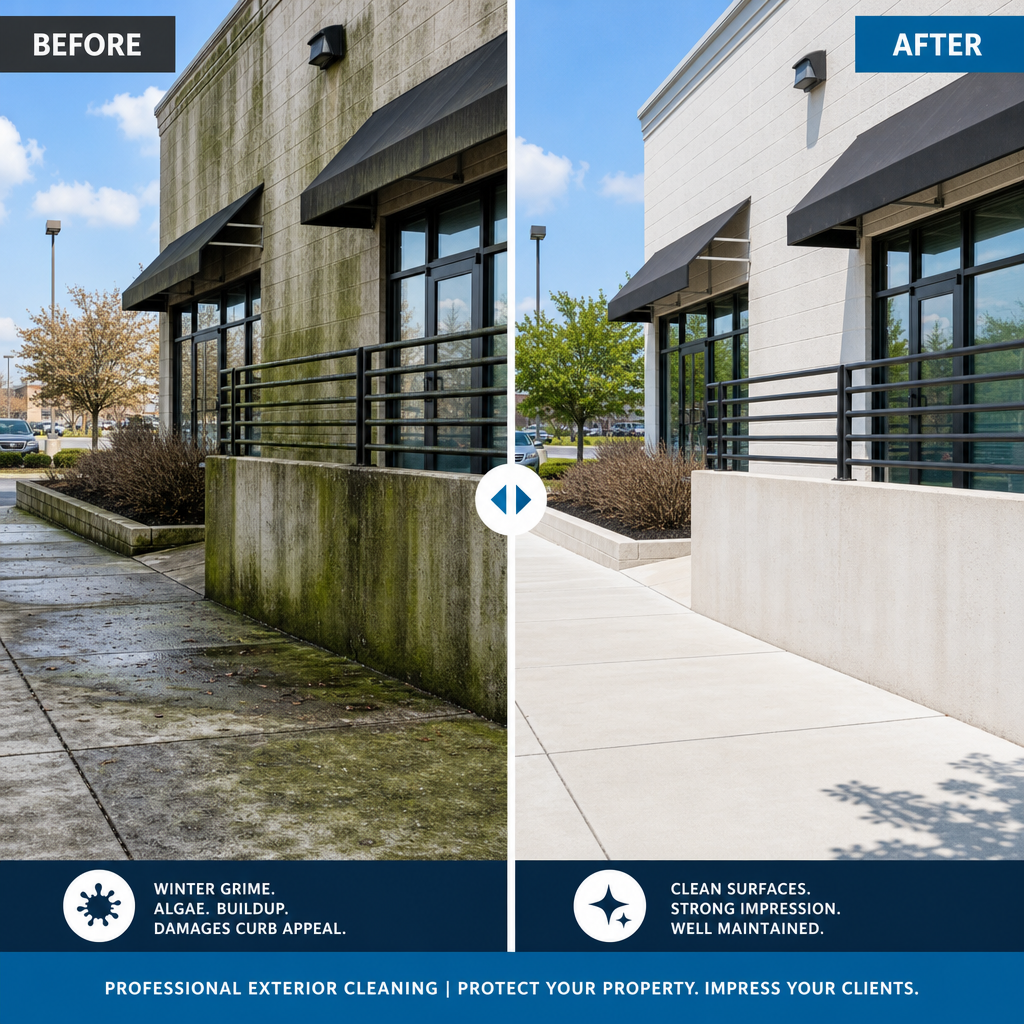 Before-and-after comparison of commercial outdoor area cleaned during winter season