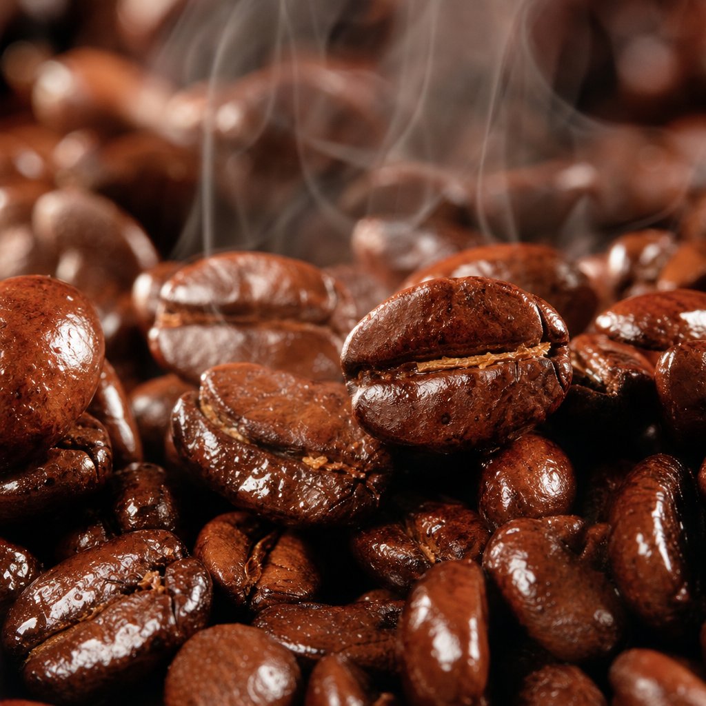 Freshly roasted coffee beans with glistening oils and visible steam, showing peak aromatic freshness