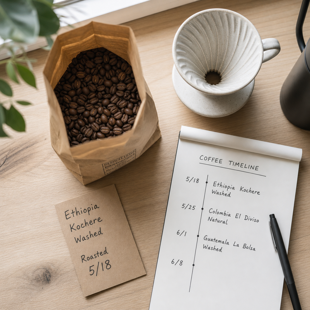 Coffee beans with roast date label alongside brewing equipment and calendar timeline for freshness tracking