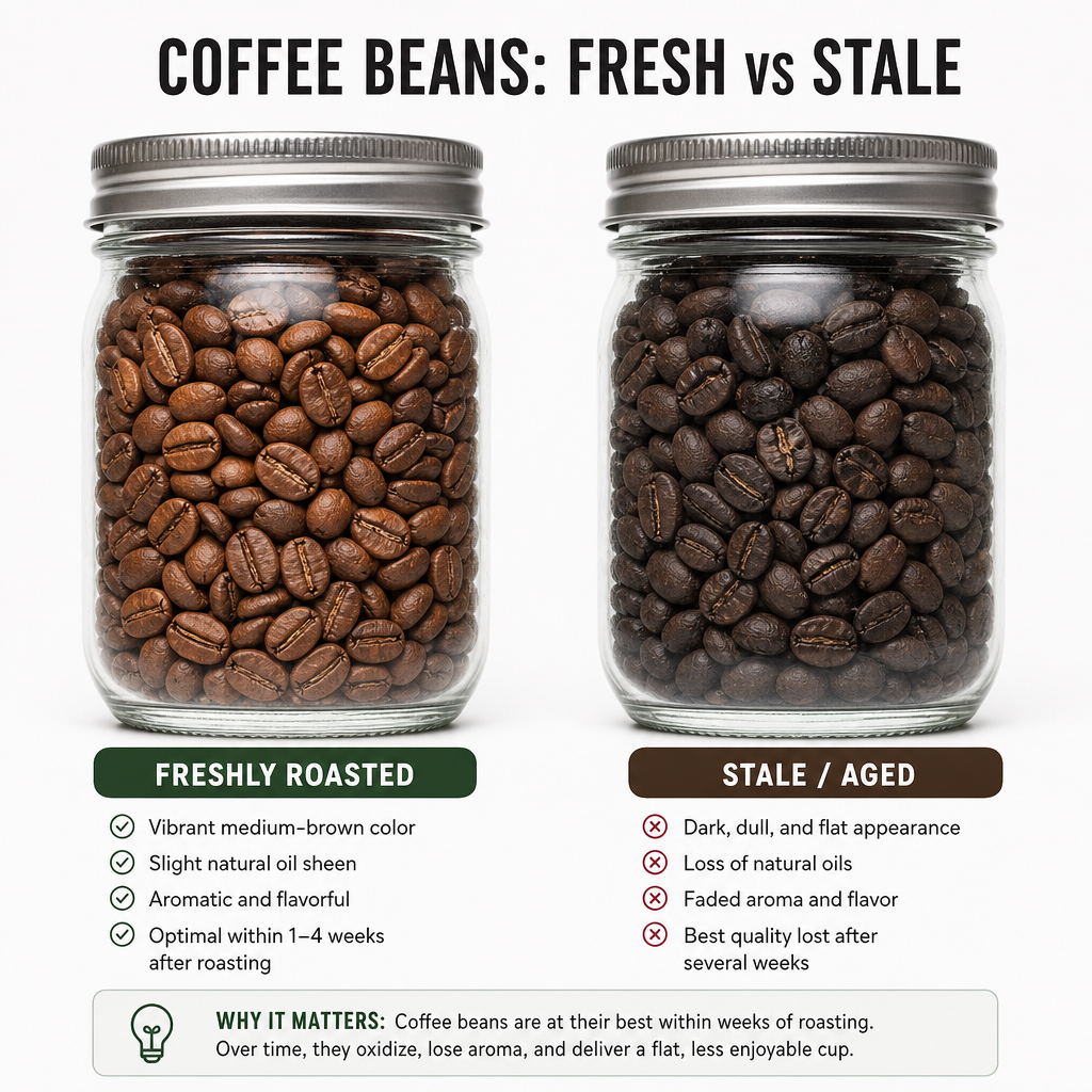 Two glass jars showing the visual difference between fresh and stale coffee beans over time