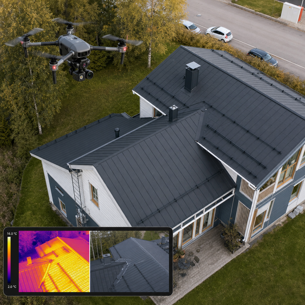 Drone hovering above a municipal building roof conducting thermal and visual inspection