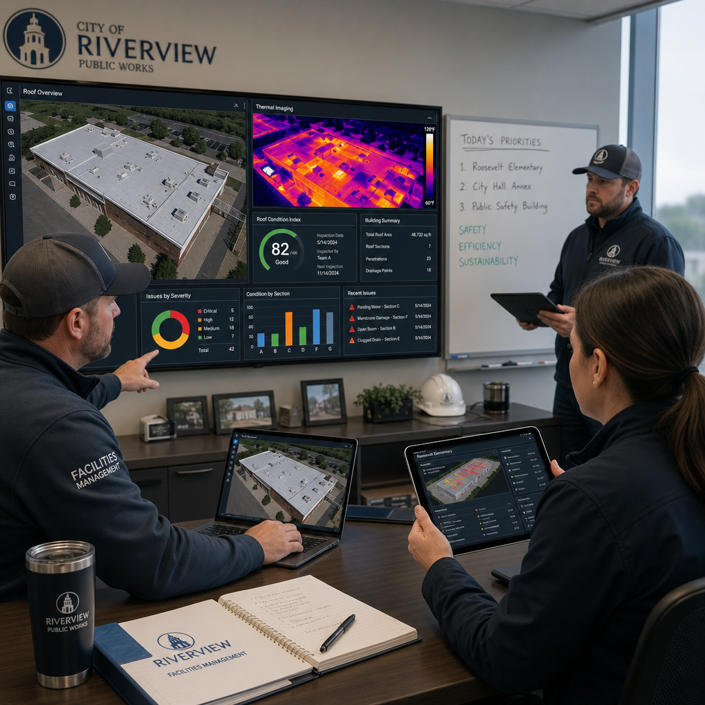 Municipal facility managers analyzing drone inspection data and thermal imagery on digital displays