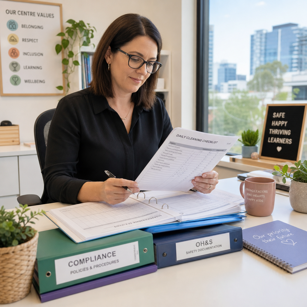 Childcare Cleaning Melbourne: Standards Every Director Needs Childcare director reviewing the child care cleaning compliance documentation and standards