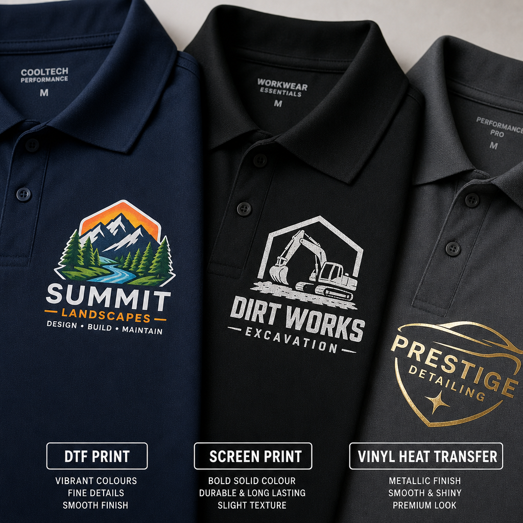 Three work polo shirts displaying DTF, screen printing, and vinyl heat transfer printing methods side by side