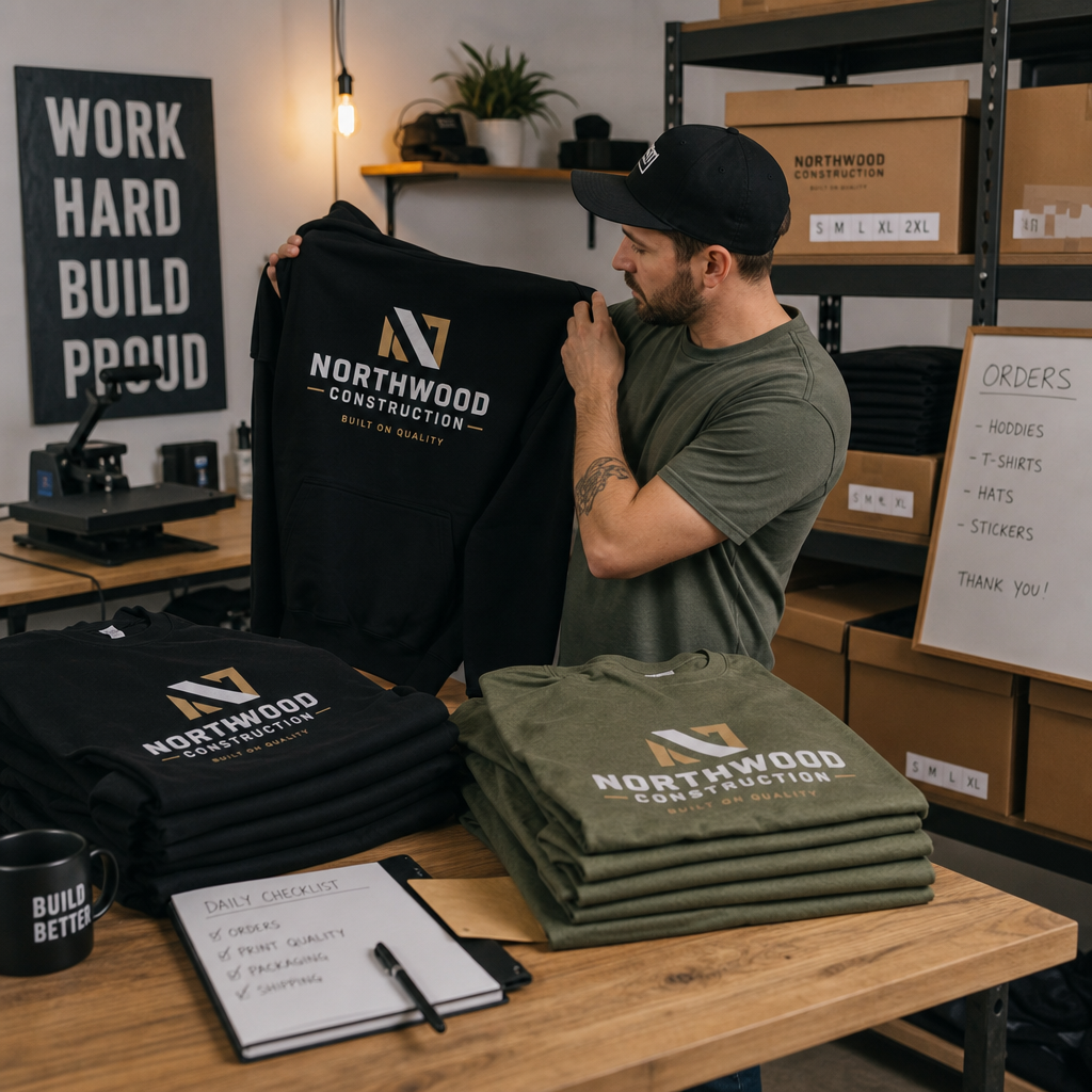 Business owner inspecting quality of custom printed workwear garments in workshop