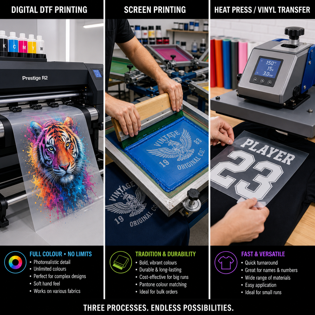 Three printing methods equipment comparison-DTF printer, screen printing frames, and heat press machinery
